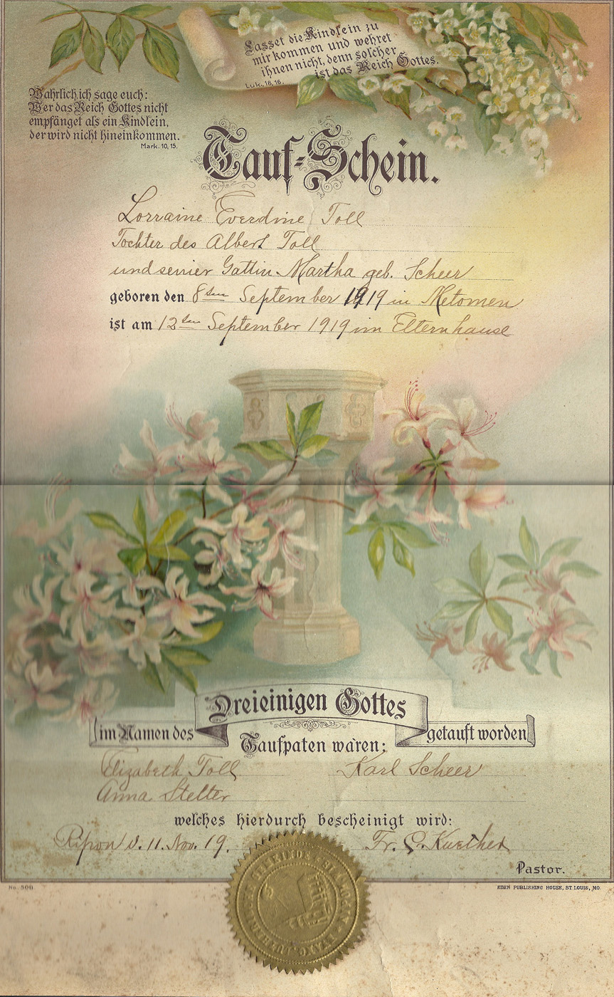 Lorraine Toll Baptism Certificate