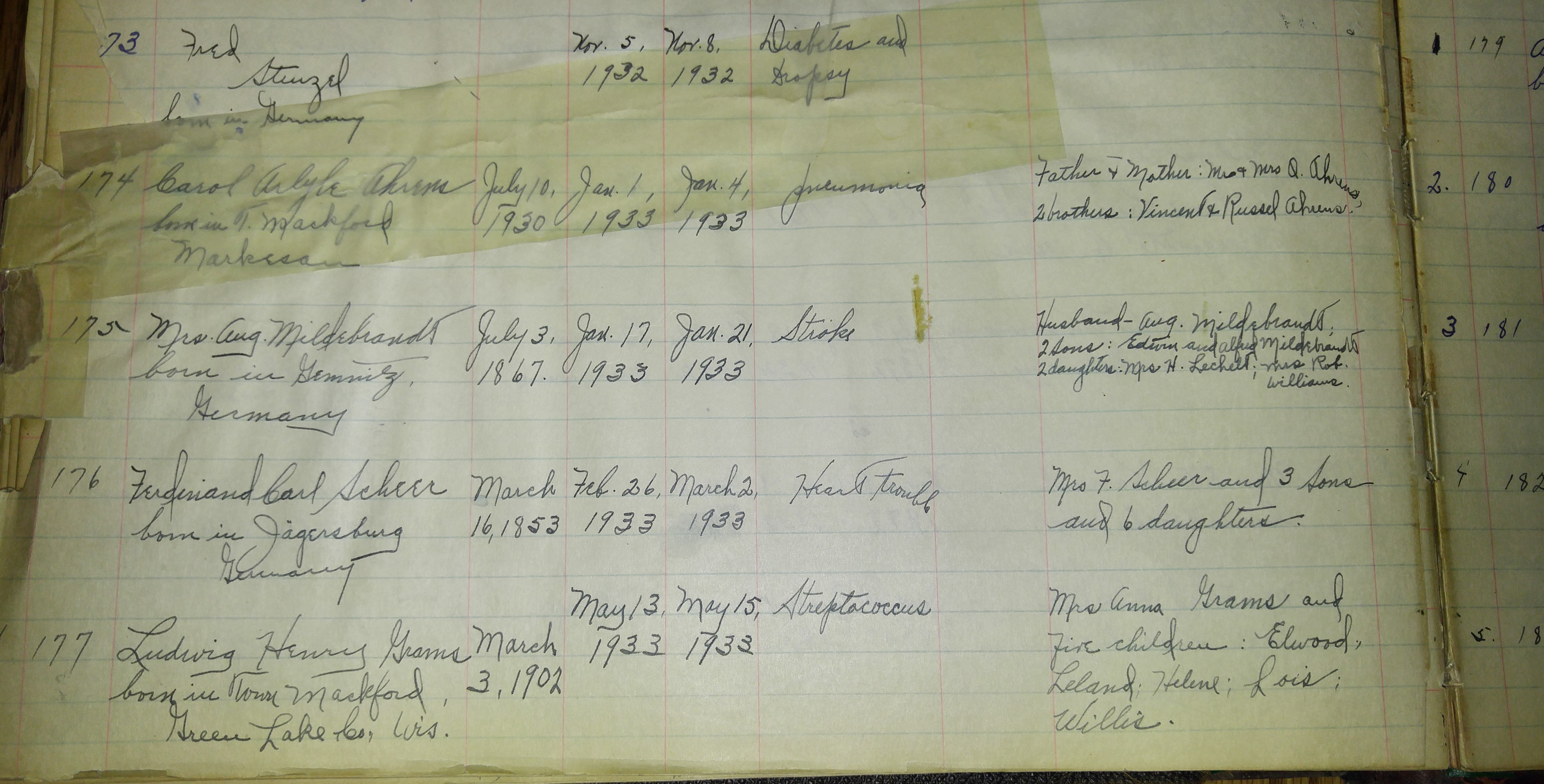 St. John's record of F. Scheer's death