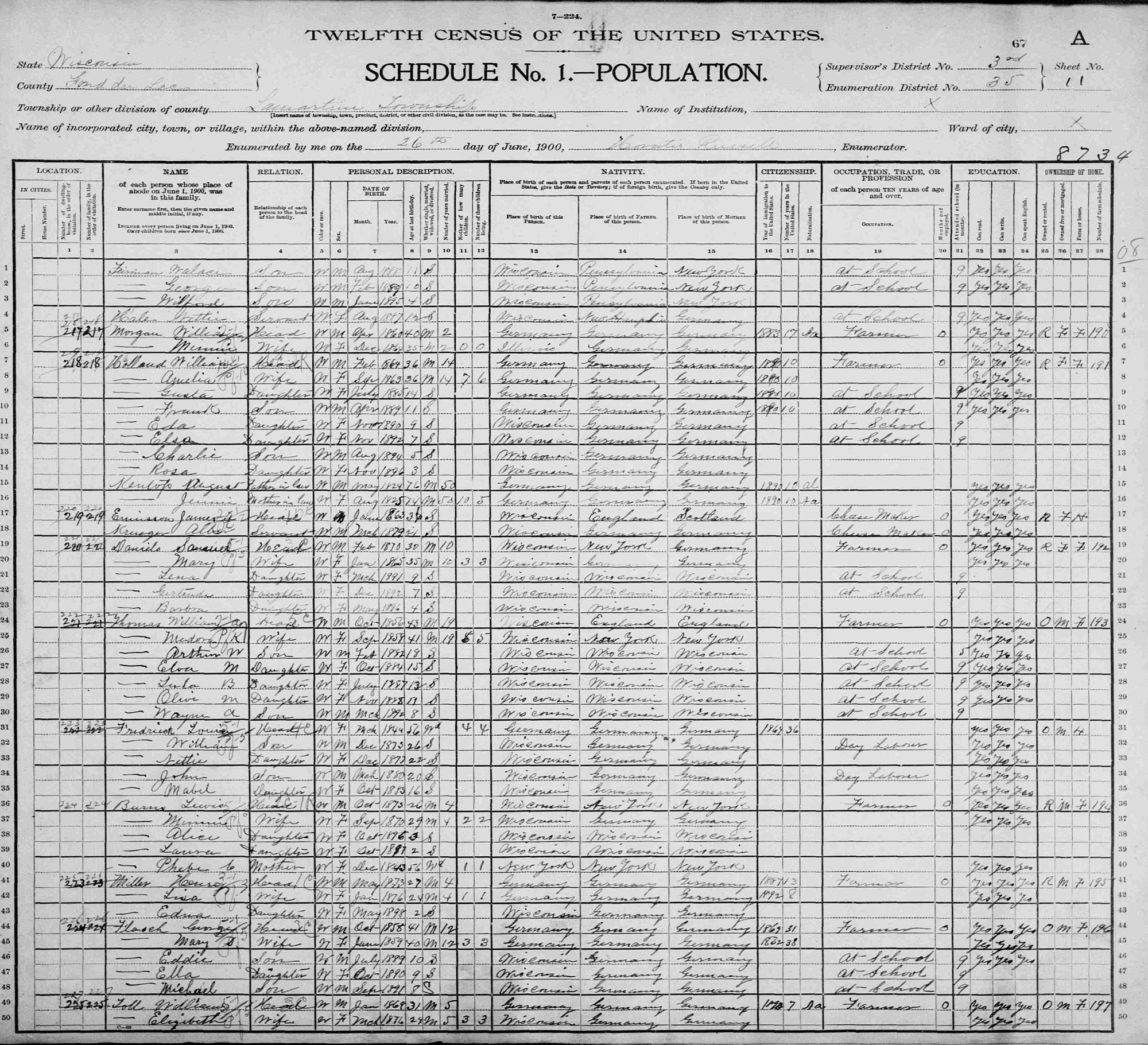 U.S. Census, Lamartine WI 1900