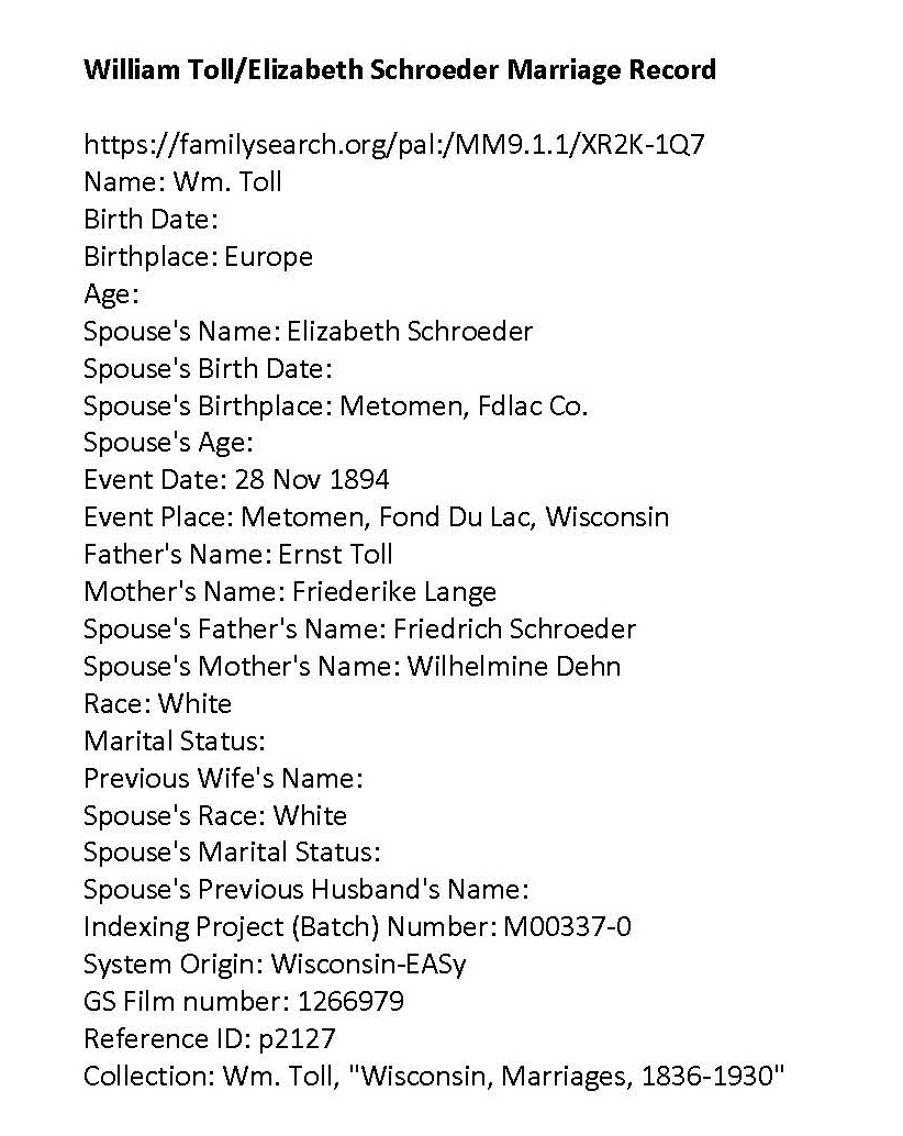 Marriage Record for William Toll and Elizabeth Schroeder